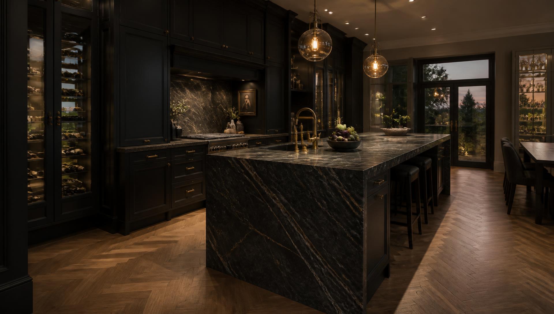 Dark bespoke kitchen with stone island, brass detailing and warm pendant lighting