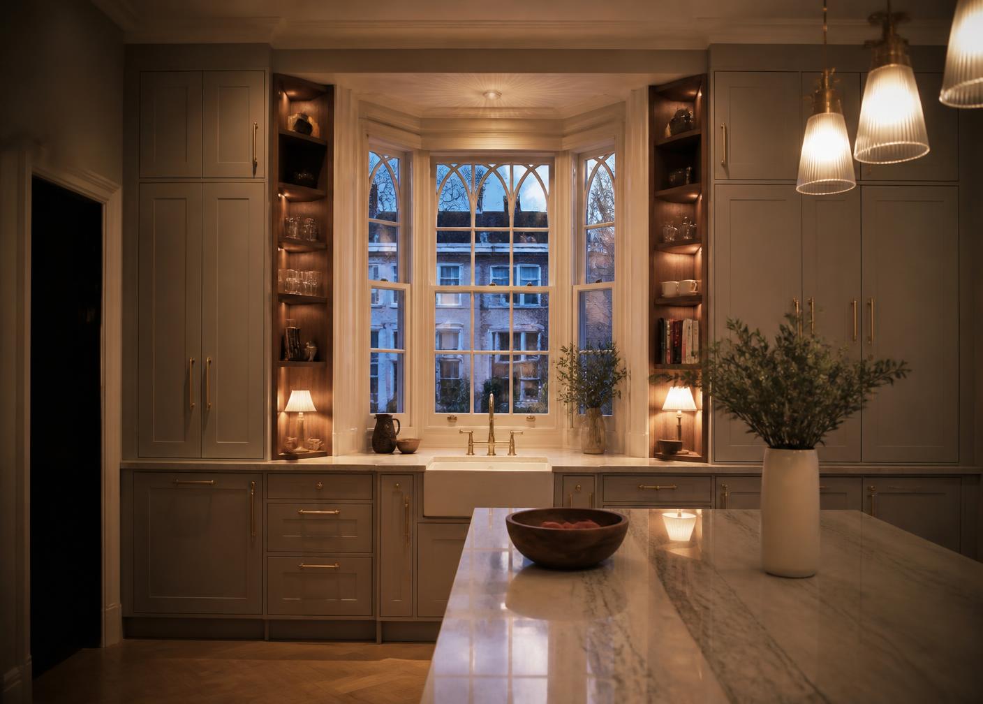 Bespoke fitted cabinetry around a period bay window with an island
