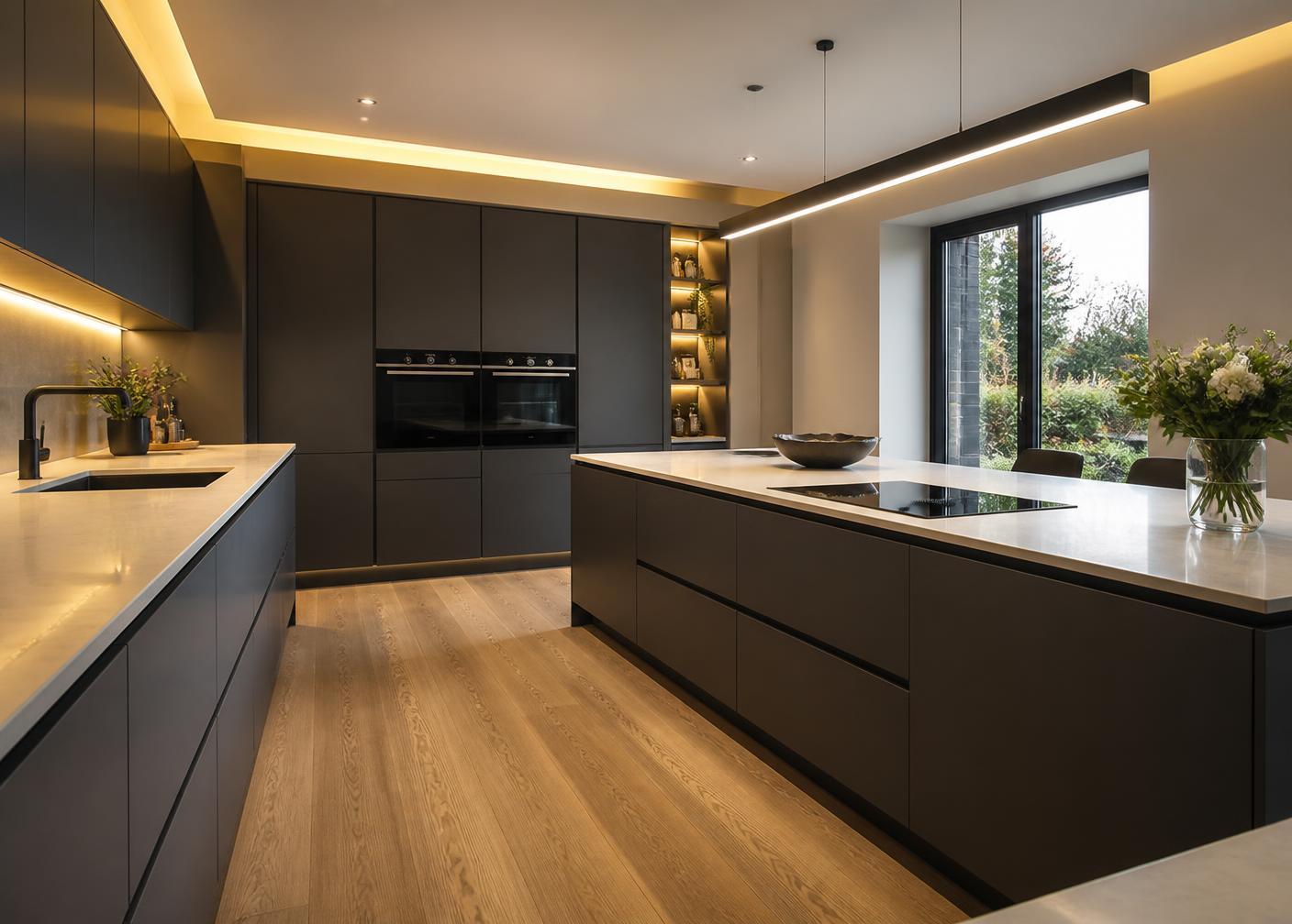 Contemporary graphite kitchen with pale stone worktop and concealed lighting