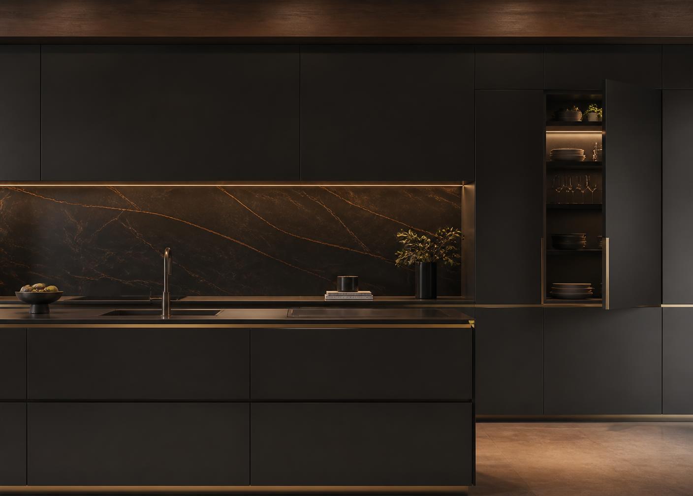 Minimal handleless dark kitchen with stone splashback and brass trim